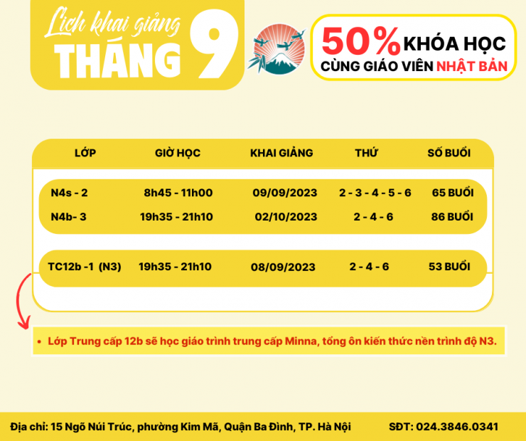 Lịch dự kiến khai giảng tháng 9 lớp N4 ạ